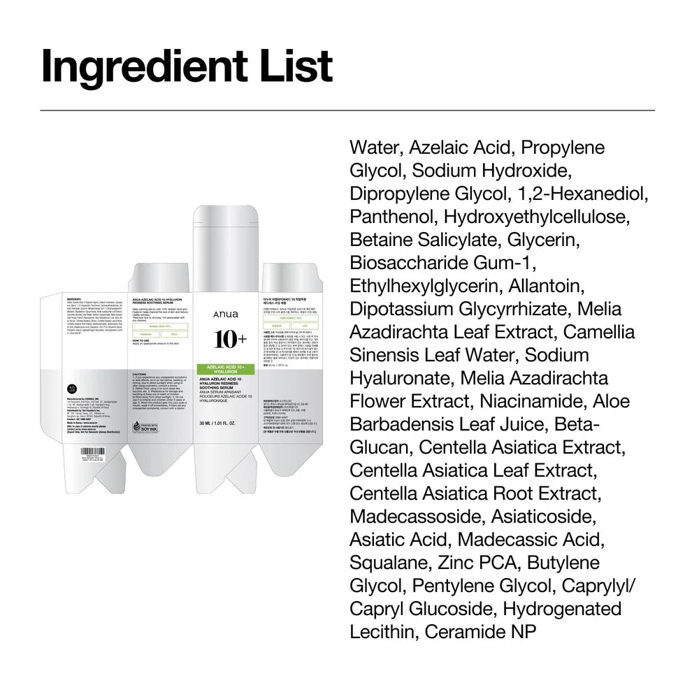 ANUA AZELAIC ACID 10 HYALURON REDNESS SOOTHING SERUM 30ML